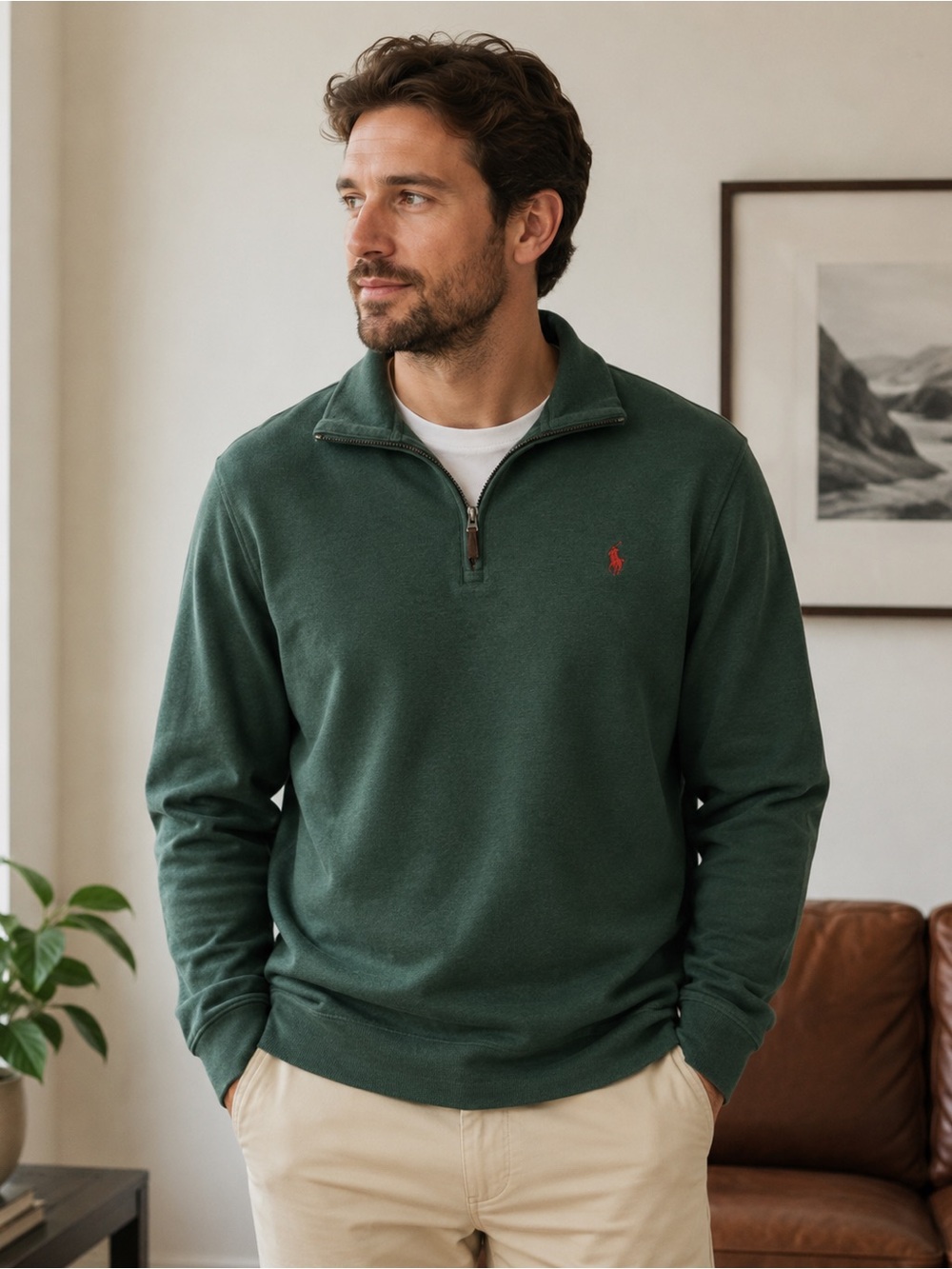 Polo Ralph Lauren Men's Estate-Rib Quarter-Zip Pullover Green Large